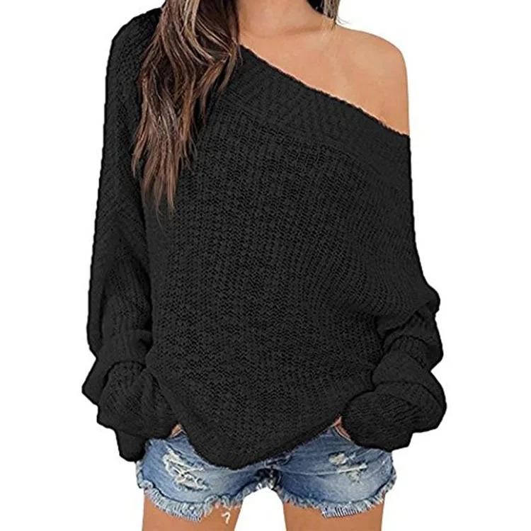 2019 New Womens Sexy Off Shoulder Batwing Sleeve Loose Oversized Pullover Knitted Jumper Sweater for Ladies