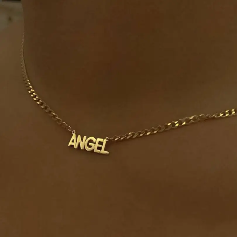 

Jietao Jewelry Trendy Stainless Steel Gold plated Cuban Link chain Namplate Pendant Letter Angel Necklace