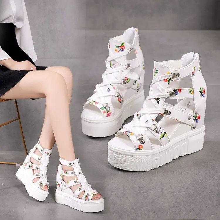 

2021 High Heel Summer Sandals Thick Bottom Muffin Heel Hollow Out Open Toe Cross Bandage Beauty Heels 8cm Printed Women Shoes