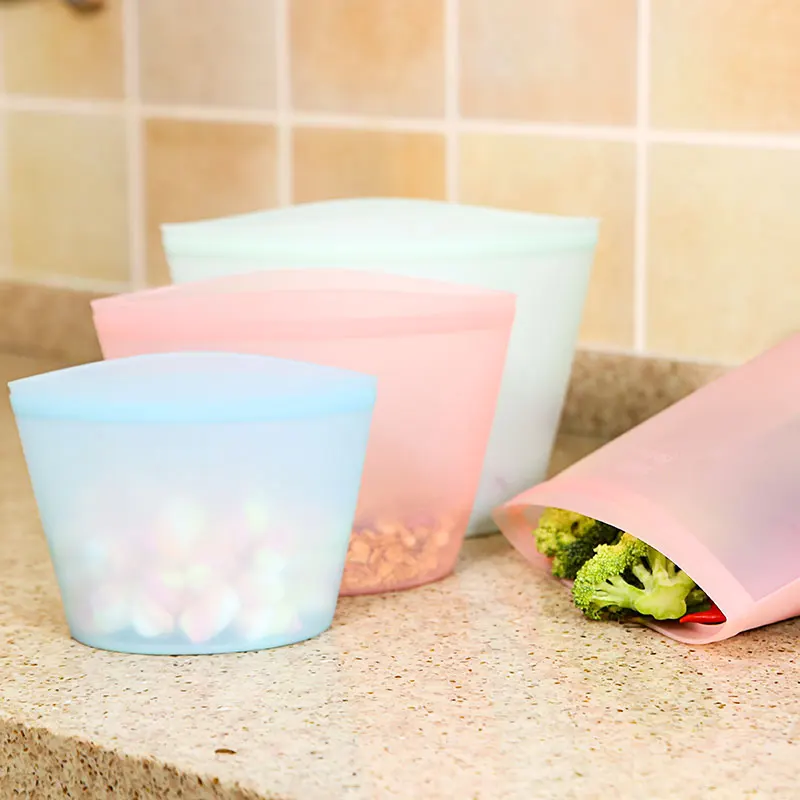

Amazon Hot Sale Reusable Silicone Food Storage Bag Washable For Kids, Clear quartz pink,clear mint green, clear light blue, clear