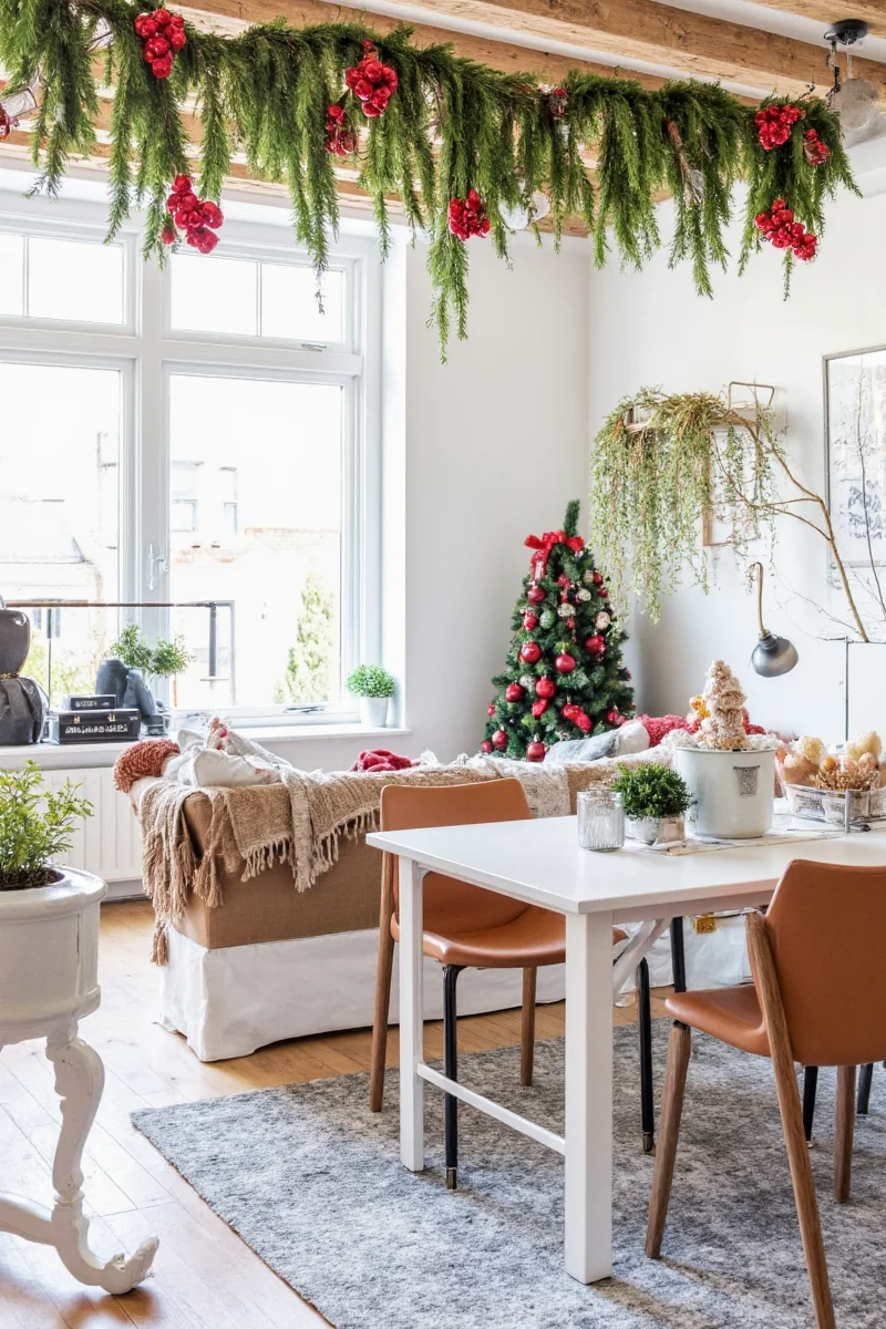 Desk with fake poinsettia, fairy lights, and mini snow globe