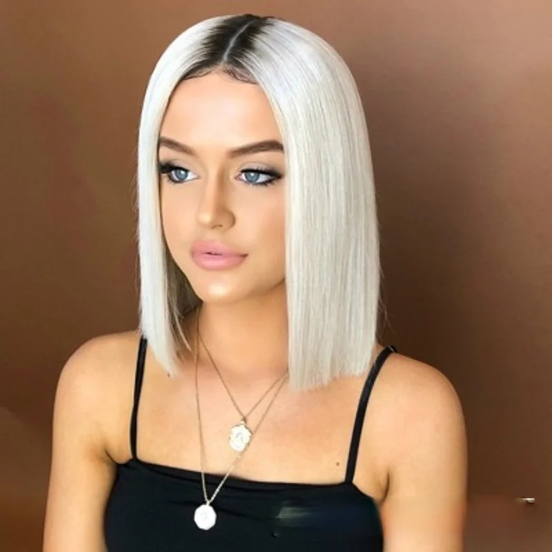 

Dropshipping Medium Short Straight Hair Gradient Dyeing Platinum Color European and American Style Wig Women's Real Human Hair