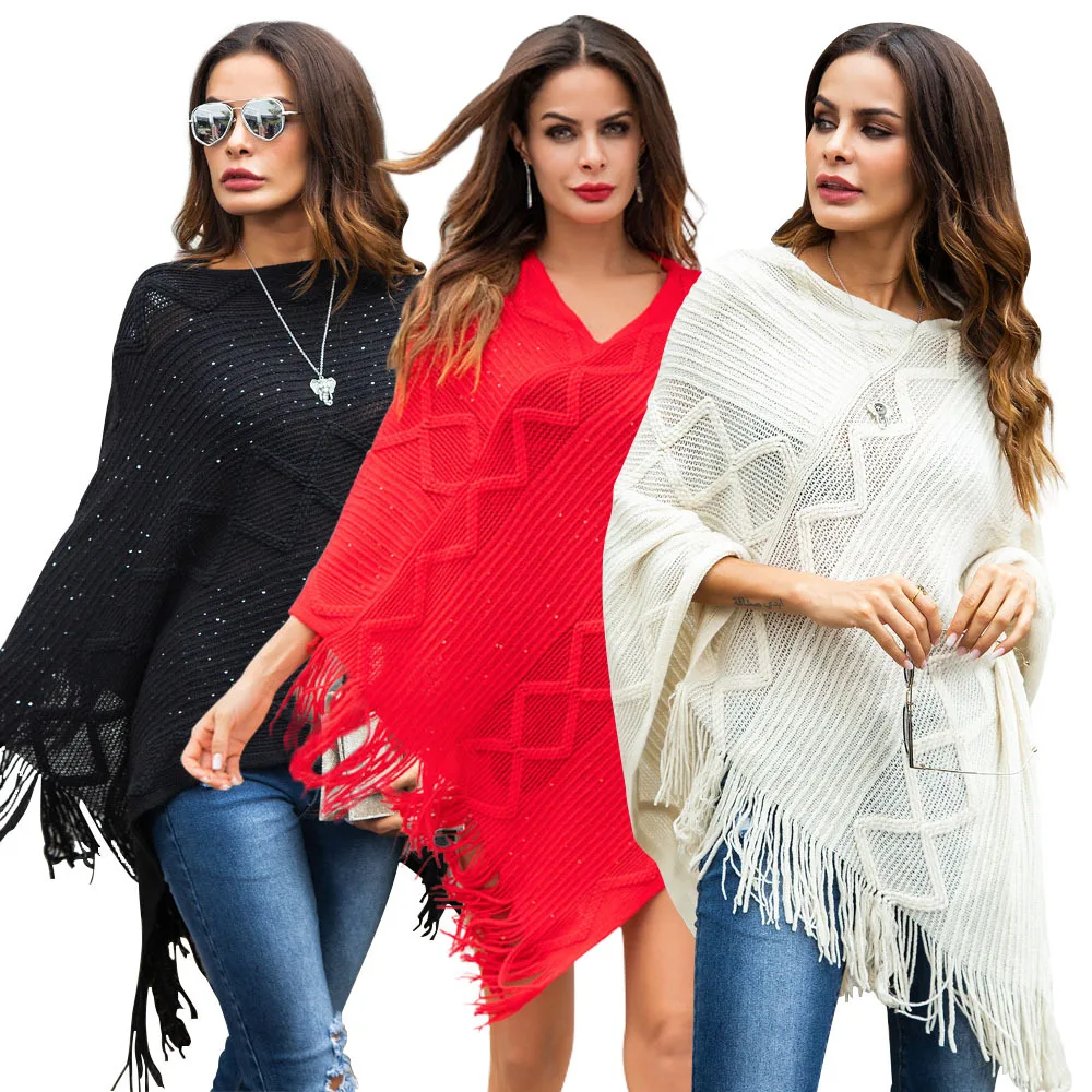 

New fashion Turtleneck tassel knit shawl cloak solid color geometric loose sequin knitted sweater pullover