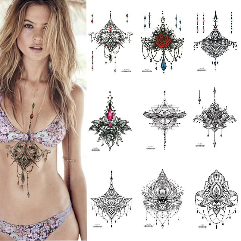 

1 PIECE Sexy Chest Back or Sternum Body Classic Henna Lotus Flower Waterproof Temporary Tattoo Body Art, Watercolor