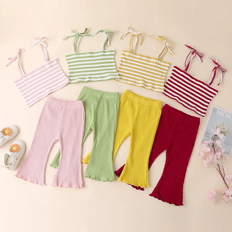 

Children's summer new products European and American pit striped suspenders + solid color flared pants two-piece suit