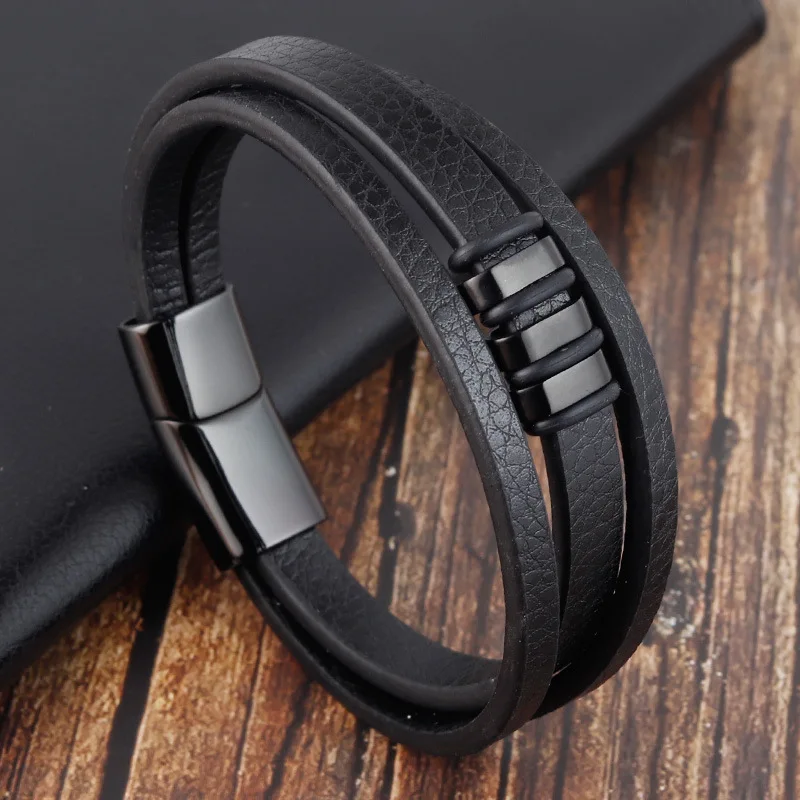 

2021 Hot Sale Products Fashion Jewelry 316L Stainless Steel Leather bracelet men, Black