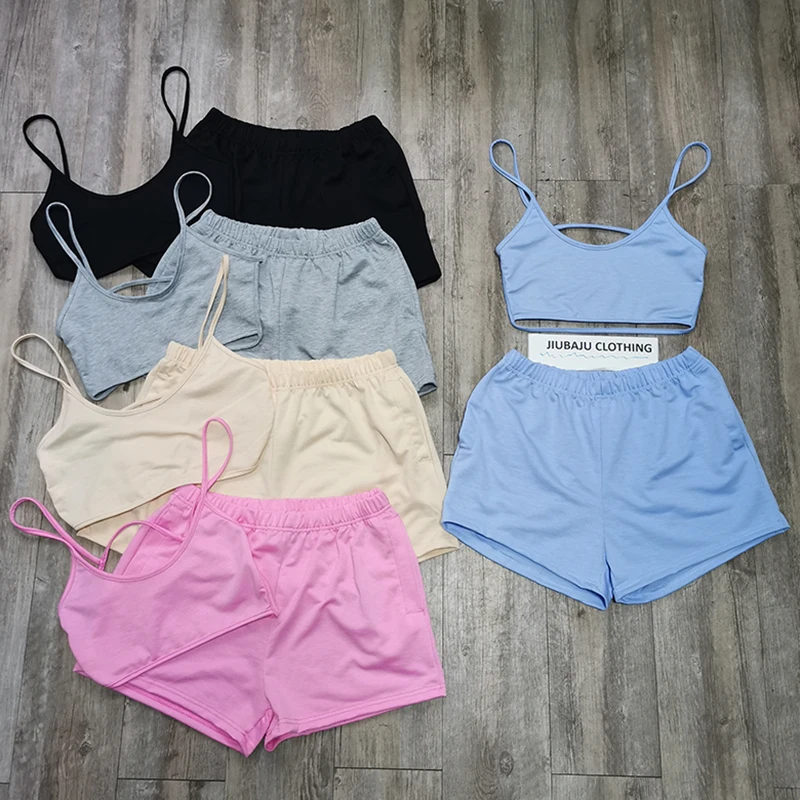 

Camisoles Backless Tank Crop Top Jogging Set 2 Piece Two Piece Shorts Pants Womens 2021 Woman Sweatsuit Set Summer Biker Set, As picture