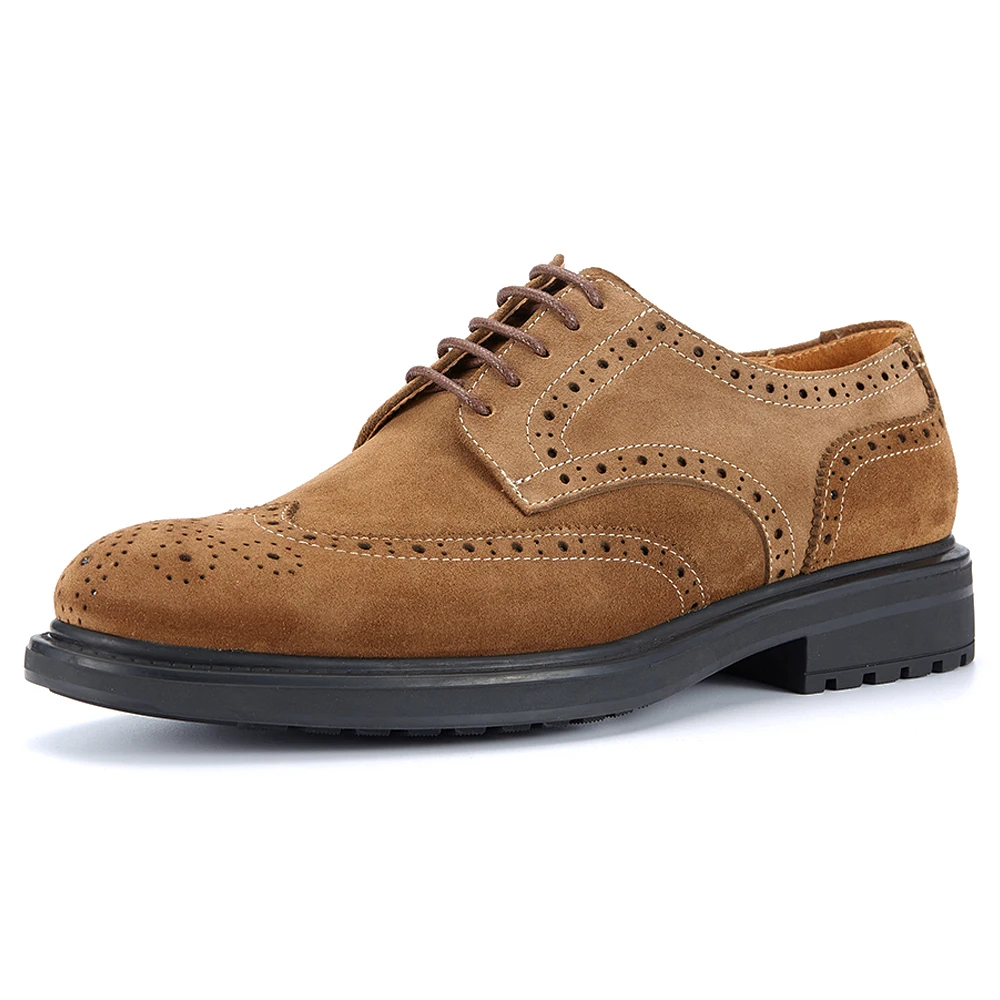 New Stylish Top Grade Cowhide Derby Brogue Suede Dress Shoes Business Office Durable Brown Formal Autumn Anti-Slippery