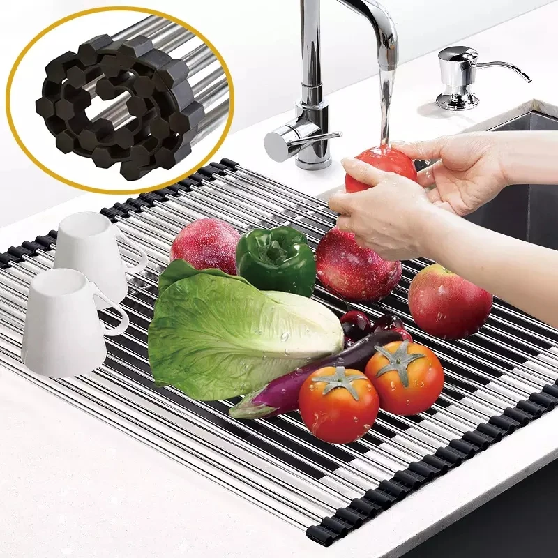 

Kitchen Accessories Utensil Fruit Vegetable Organizer Silicone Stainless Steel Foldable Dish Drying Rack, Black