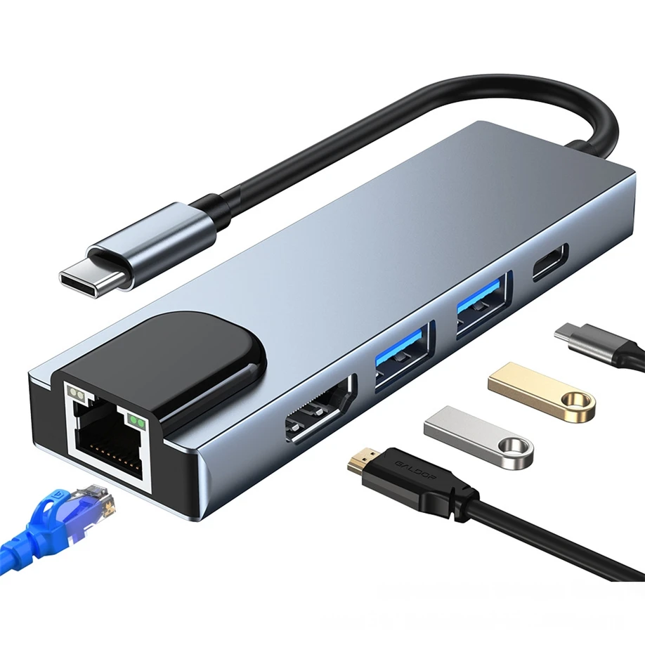 

5 in 1 USB Type C Hub Hdmi 4K TYPE-C Hub to 100M Gigabit Ethernet network card Rj45 Lan Adapter for Macbook Pro samsung huawei