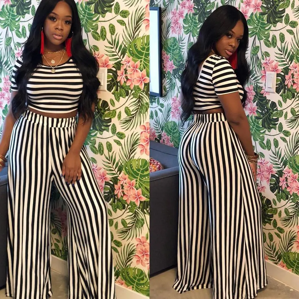 H5001 Casual Colorful stripe pattern crop top short sleeve straight-leg pants women two-piece sets 2020