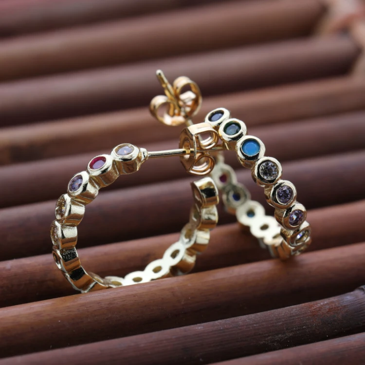 

Hot Sale Womens Beautiful Gold Plated Brass Earring Round Colorful Zircon Stud Earring Jewelry, Picture shows