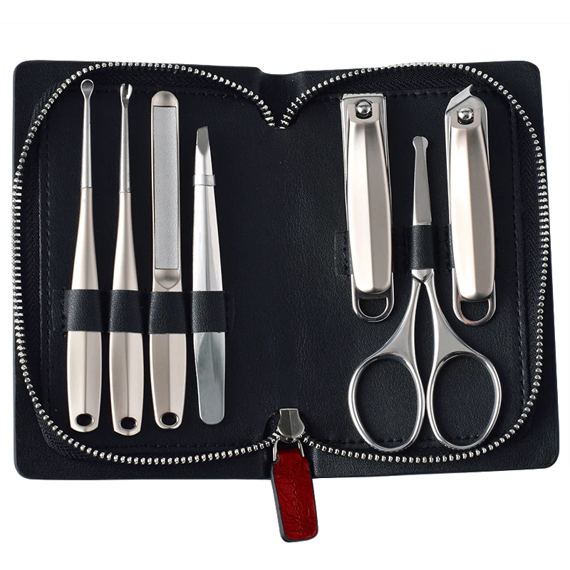 

New Arrival 7 Piece Luxury stainless steel nail care tool nail clipper manicure set with PU pouch, Black,silvery,customized