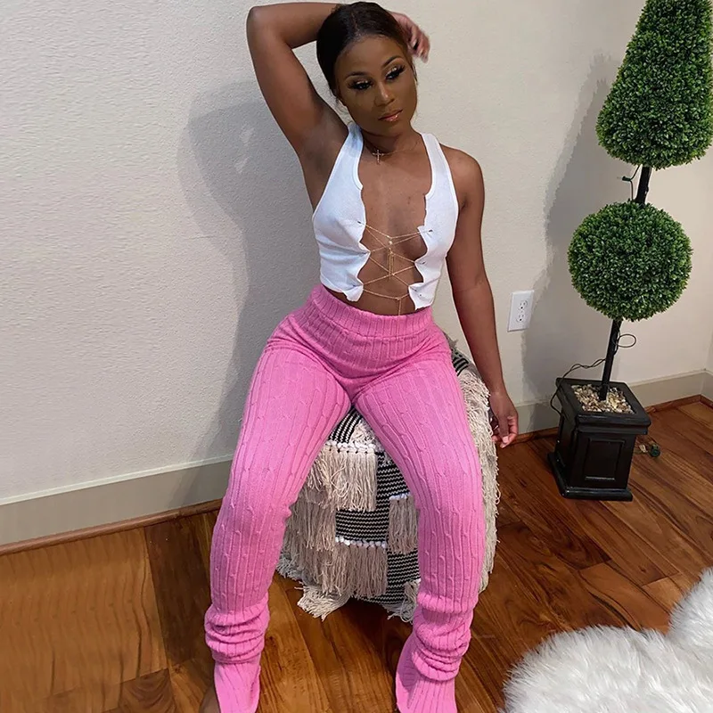 

Cheap fashion Casual Elastic Mid Waist Bodycon sweater stacked pants woman