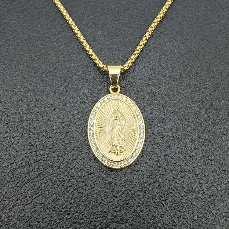 

European Religious Vintage Real Gold Plated Virgin Mary Necklace Hips Hops Pave Crystal Stainless Steel Virgin Mary Necklace