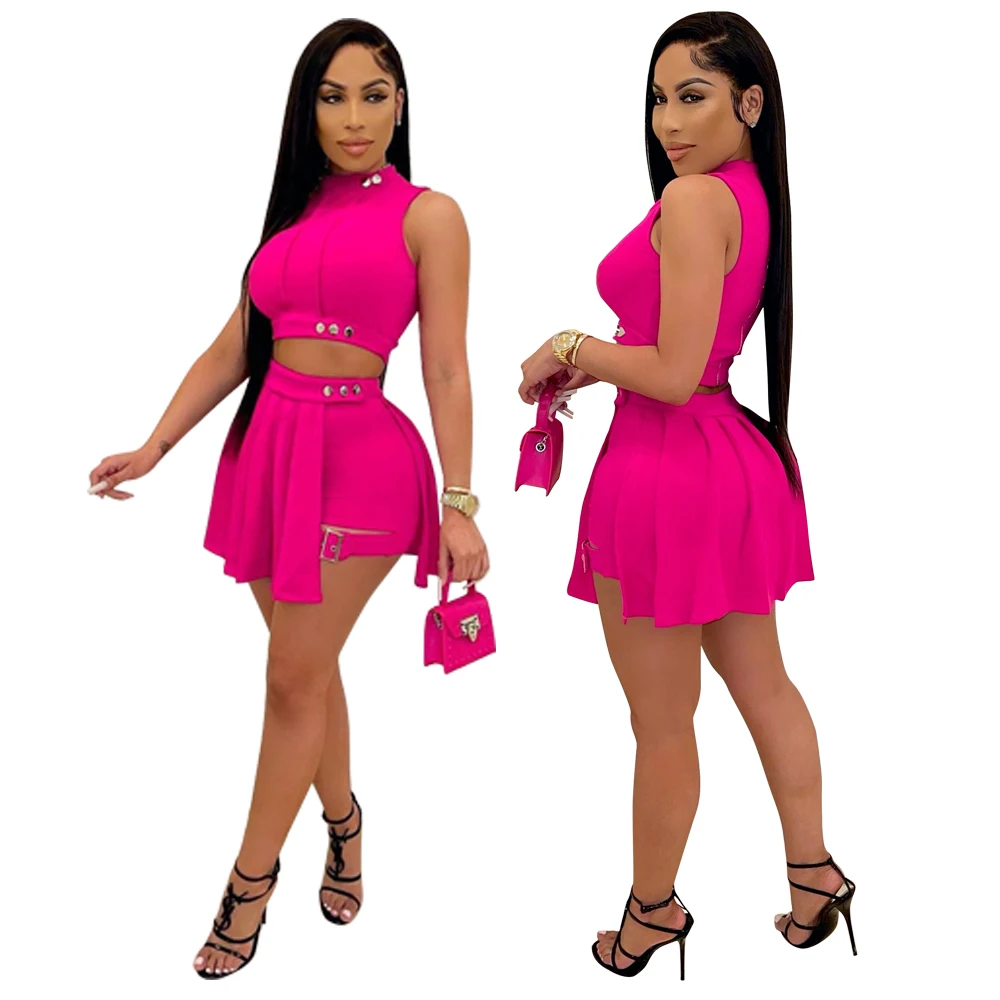 

pleated women short summer two piece skirt set
