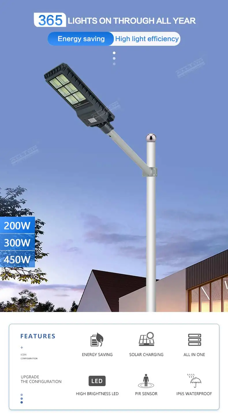High quality ip65 waterproof MPPT Solar Powered lighting 200 300 450 watt PIR sensor all in one solar Led street light