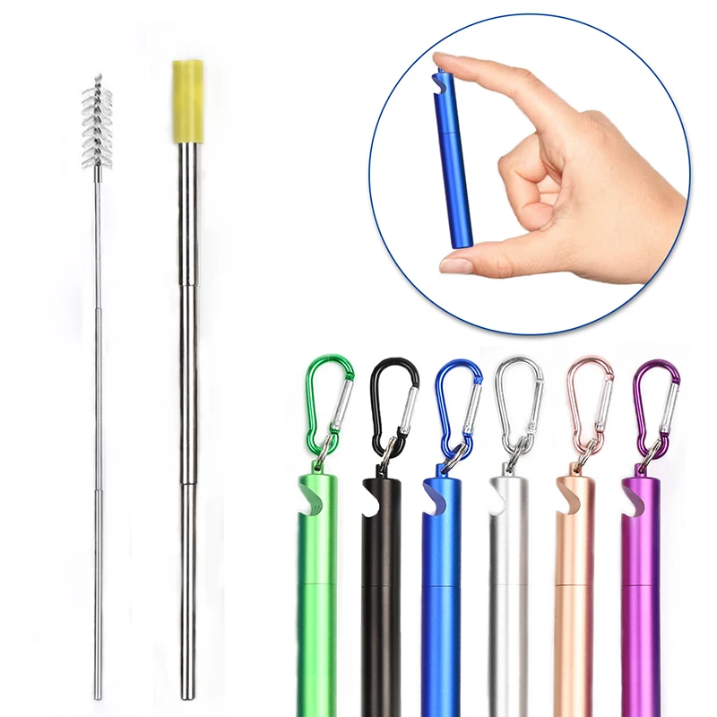 

H526 Drinking Beverage Outdoor Reusable Eco Friendly Foldable Straw Case With Bottle Opener Keychain Collapsible Straws, Multi colour