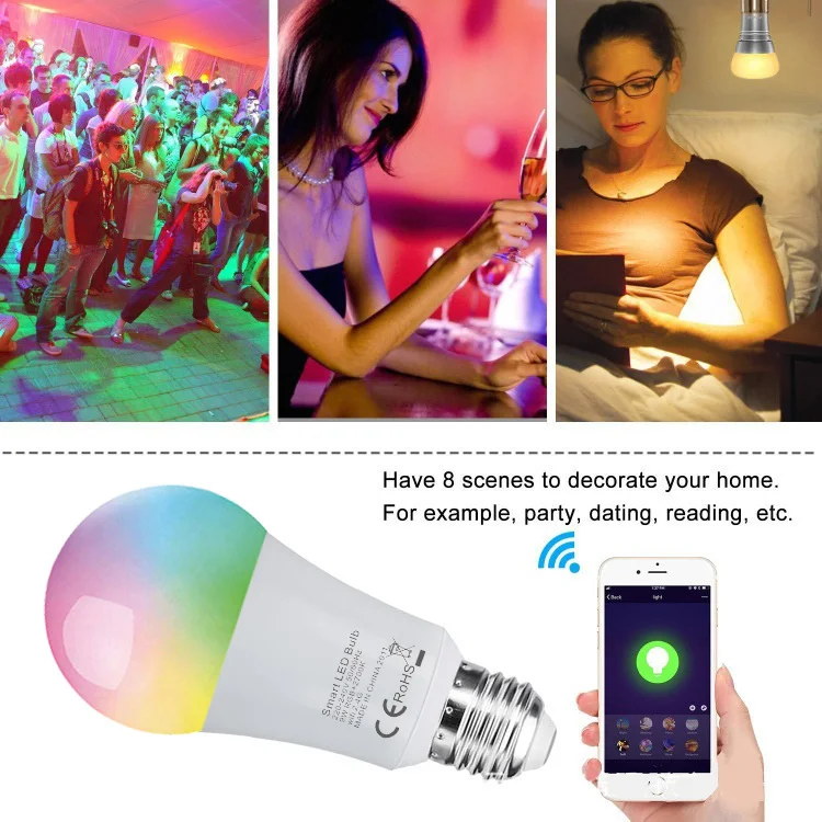 Smartphone APP Control WiFi LED Light Bulb 9W RGB E26 E27full Color Wireless RGB Smart Indoor Home Lighting Bulb