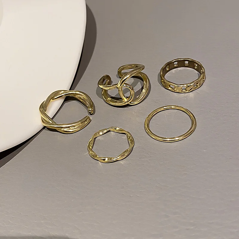 

New Arrival Women 5pcs/set Gold Ring Set Minimalist Ins Cross Curb Chain Band Finger Ring Jewelry
