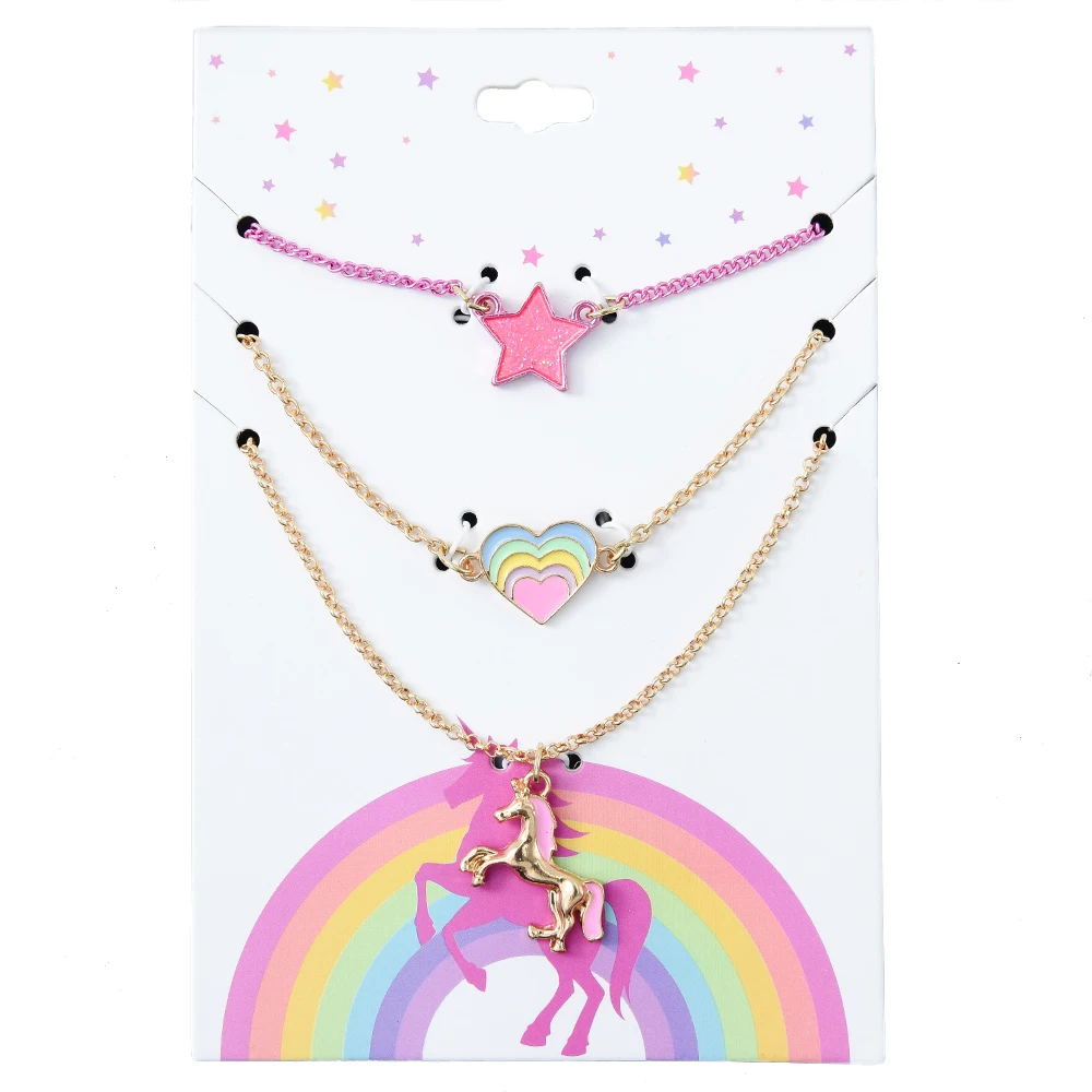 

High Quality 3PC/Set Gold Pink Star Pony kids chain necklace Princess Girls heart necklace set jewelry