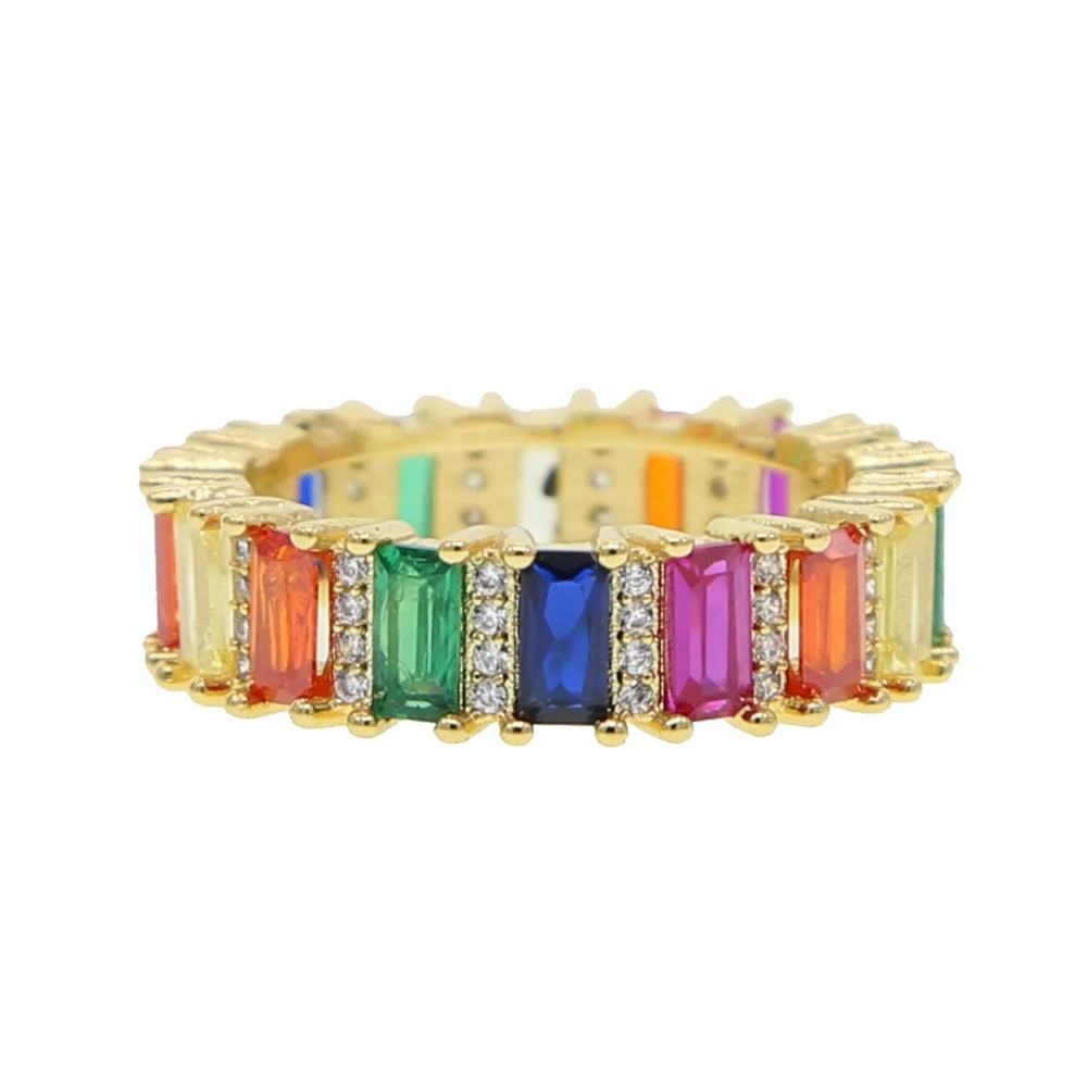 

gold plated colorful multi color cubic zirconia cz engagement band rainbow ring, Customized