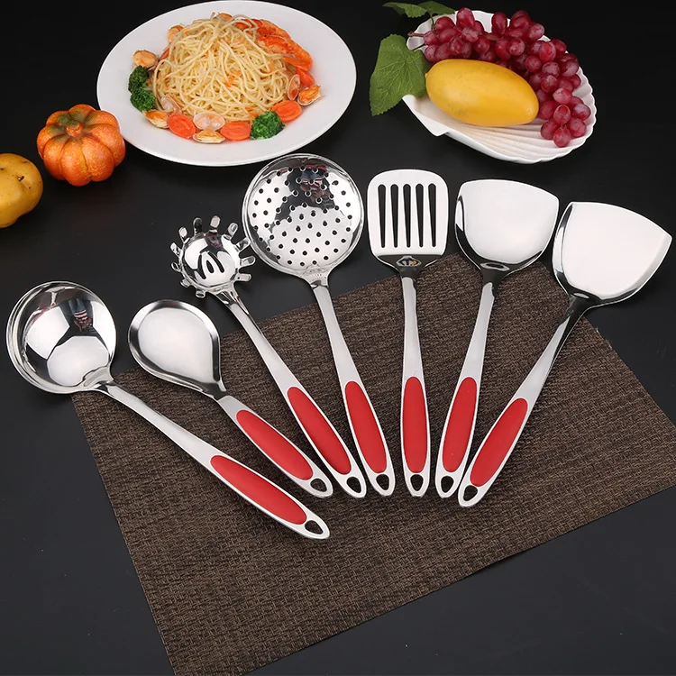 

chinese 7pcs Kitchenware rice spoon soup ladle skimmer chinese cooking utensil, Red handle