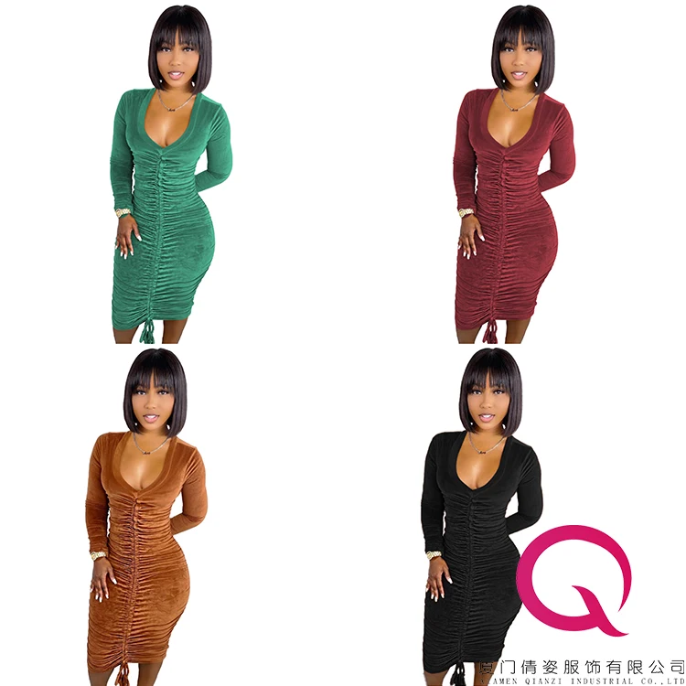 

Fashion Best Price Maxi Dress Ladies Elegant Women Dresses Trendy Pink Birthday Ruched Bodycon Long Sleeve Dresses Women Velvet, 3 color