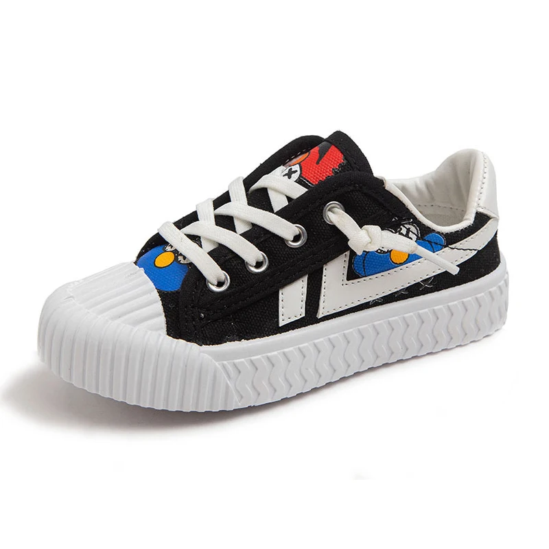 

Wholesale Low Cut Children Casual Sneakers boys girls cute Flat fashion Black White lace up cheap China kids Canvas Shoes