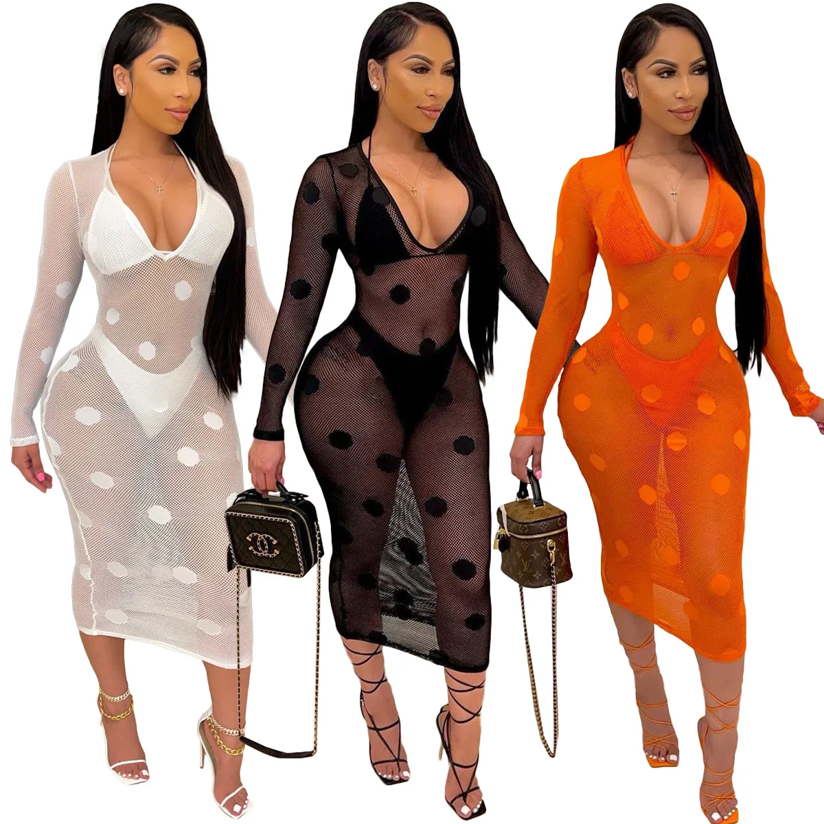 

Summer fashion beach long sleeve v neck wave point bikini set swimwear 2021 three piece bathing suit