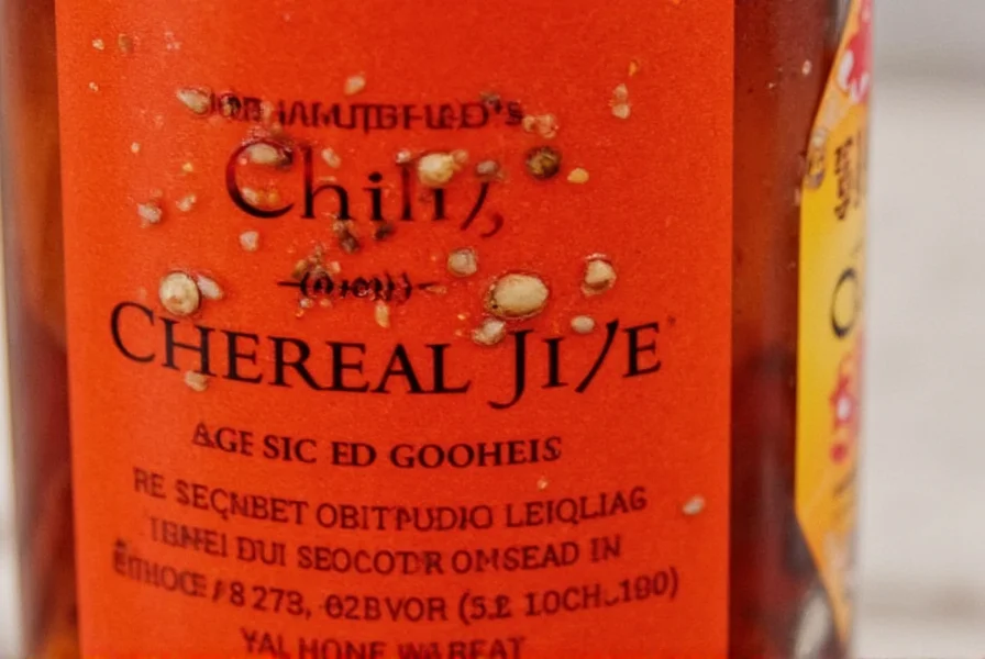 Close-up photo of Trader Joe's chili oil bottle showing visible garlic pieces and sesame seeds in reddish oil