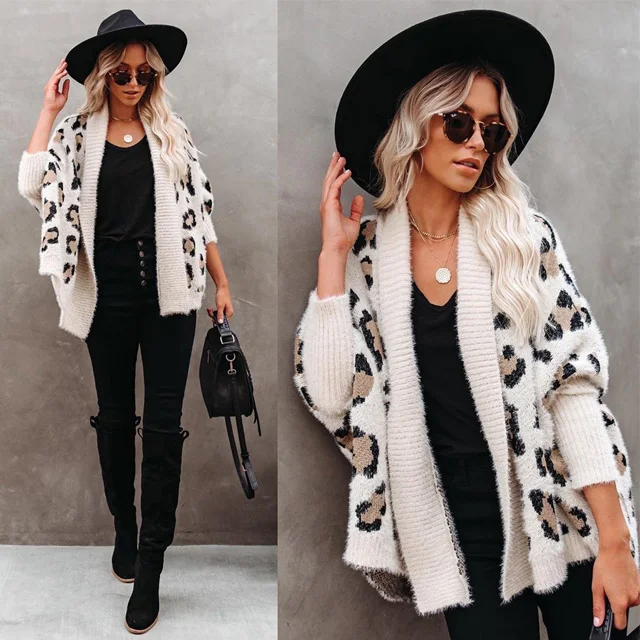 

2021 plus size cardigan jacket personality fashion leopard knitted cardigans for women, Picture