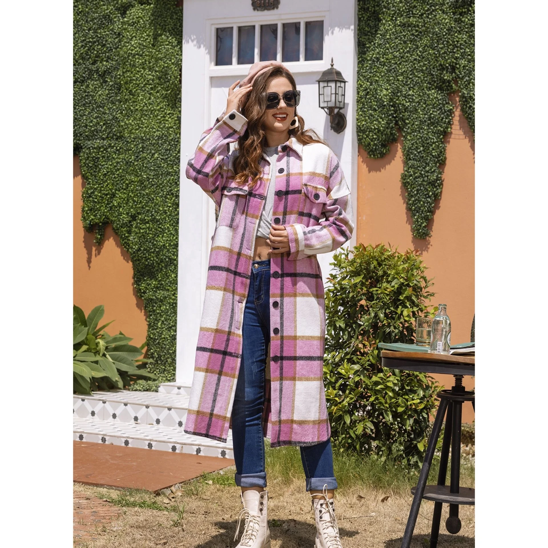 

Free Shipping T739 Autumn Elegant Fashion Women Thermal Coats Classic Plaids Turn down Collar Button-down Long Overcoat