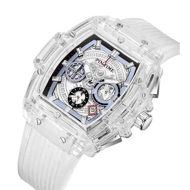 

Luxury Brand Pintime Watches Men Wrist Luminous Sports Chronograph Square Skeleton Transparent Watch For Boys