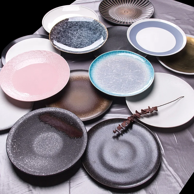 

Hot selling round shape colorful ceramic plates Nordic style porcelain dish for steak restaurant and cafeteria, Grey