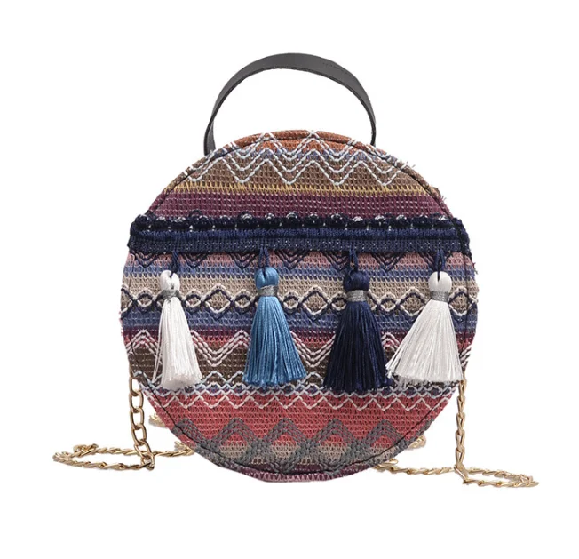 

New ethnic style cross-body bag tassel small round bag woven bag, Gray, blue, red, blue