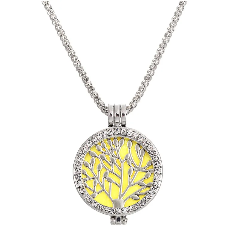 

New Fashion Diamond Inlay Openable Aromatherapy Perfumed Pad Jewelry Necklace Round Coin Pendent Locket Tree Of Life Necklace, Rose gold/blue/red/light blue/yellow/orange