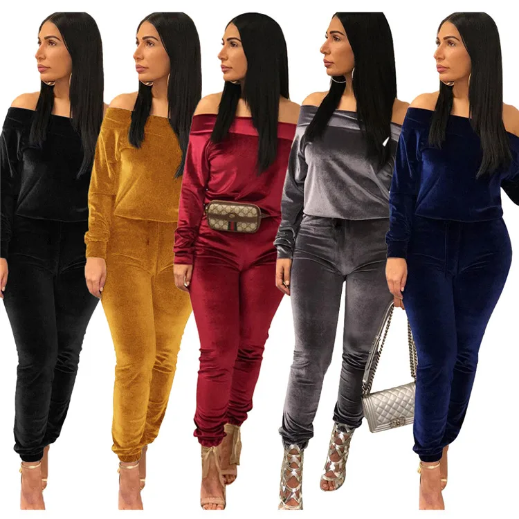 

Daily Ladies Clothes 2pc Set Velour Long Sleeve Off Shoulder Tops Pants Plus Size Women Two Piece Set, Picture