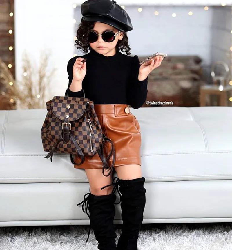 

P108031 1-6Y Toddler Baby Girl Clothes Set Long Sleeve Knitted T shirt Pu Leather Skirts Outfit Children Spring Autumn Costumes