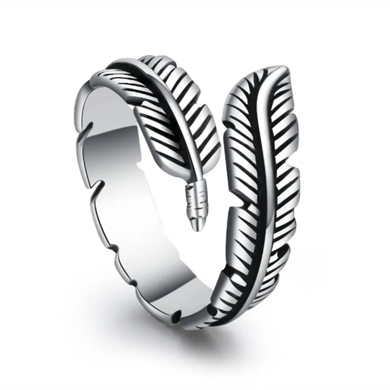 

Fashion Women Vintage Silver 925 Feather Adjustable Finger Rings