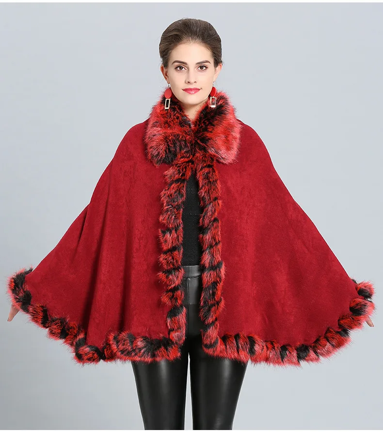 

Autumn/Winter new faux fox fur collar knitted Poncho for women