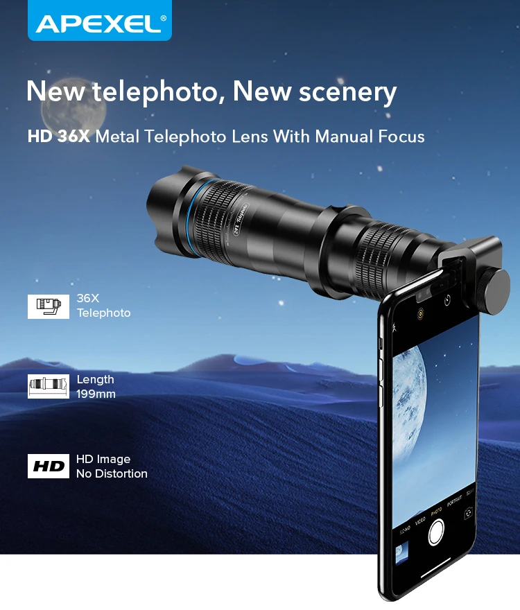 Apexel 36X Zoom Waterproof Telephoto Lens For Mobile Phone with Tripod