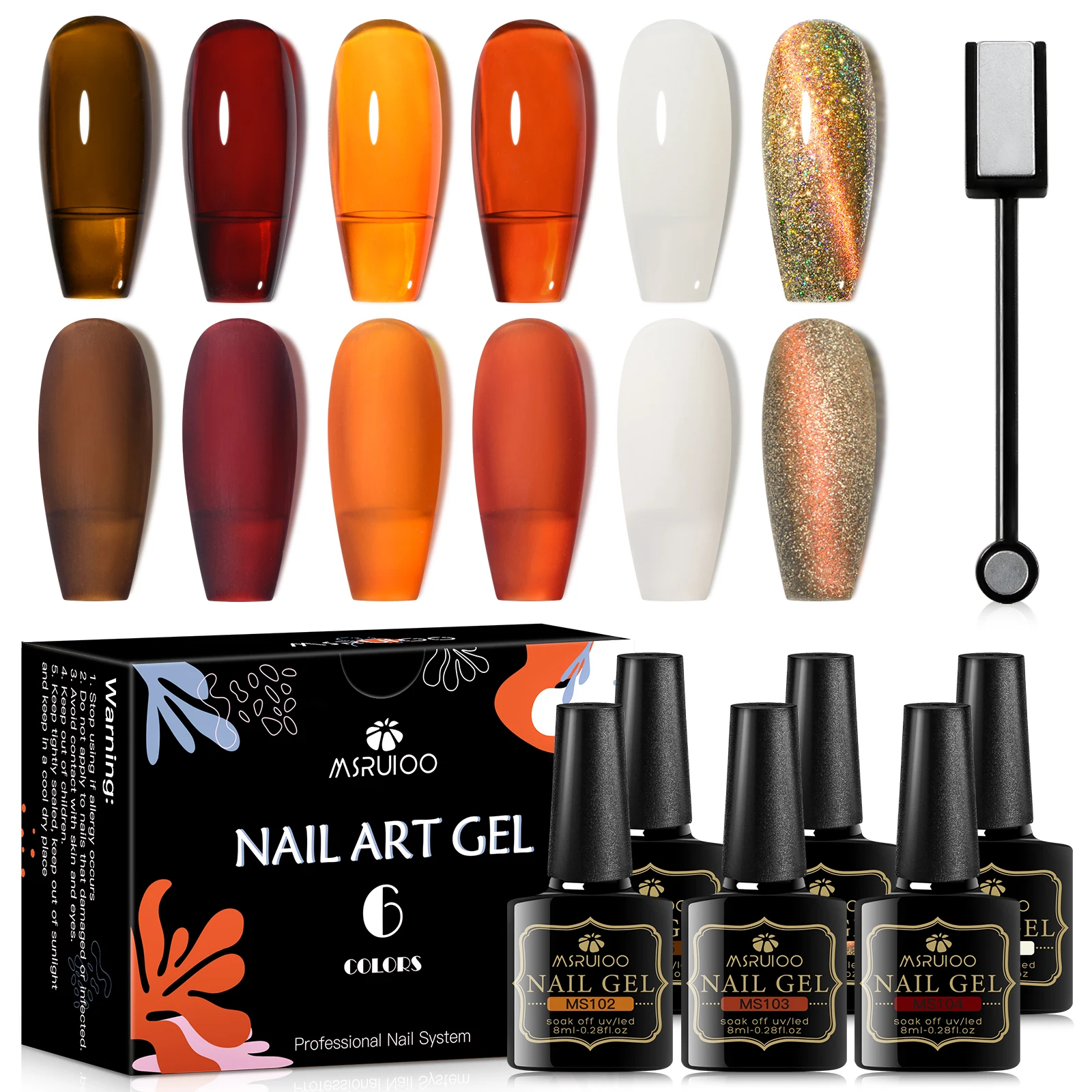 

Wholesale high quality private label 8ml 6 colors amber 9d magnet uv gel soak off shiny magnetic cat eye nail gel polish set