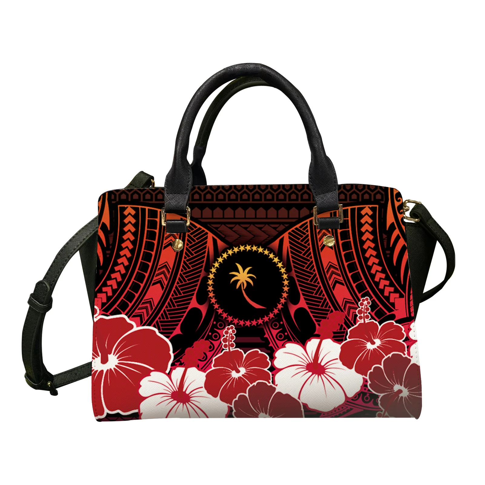 

Womens Purses and Handbags Customization Hibiscus Chuuk Polynesian Tattoo Printed Leather Carry Purses Shoulder Bag For Work, Customized color