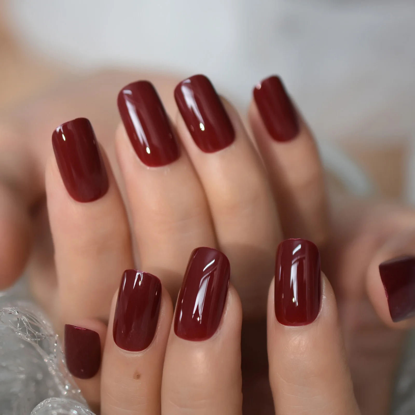 

Dark Red Decoration Wholesale Press On Nail For Daily Wearing Long Squoval Artificial Fingernails