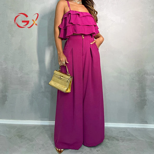 

GX6932 Boutique Fashion Summer Streetwear Female Lounger Outfits Sleeveless Ruffle Tops and Wide Leg Pant 2 Piece Women Set