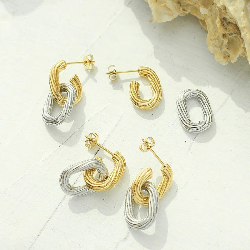 

Hypoallergenic Stainless Steel 18K PVD Gold Plated Custom Twisted U link Stud Earrings Fashion Two Tone Chain Earrings