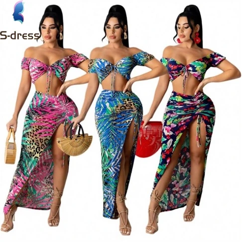 

High Quality Floral Crop Top Pleated High Slit Drawstring 2021 Two Piece Set Women Clothing Skirt Sets