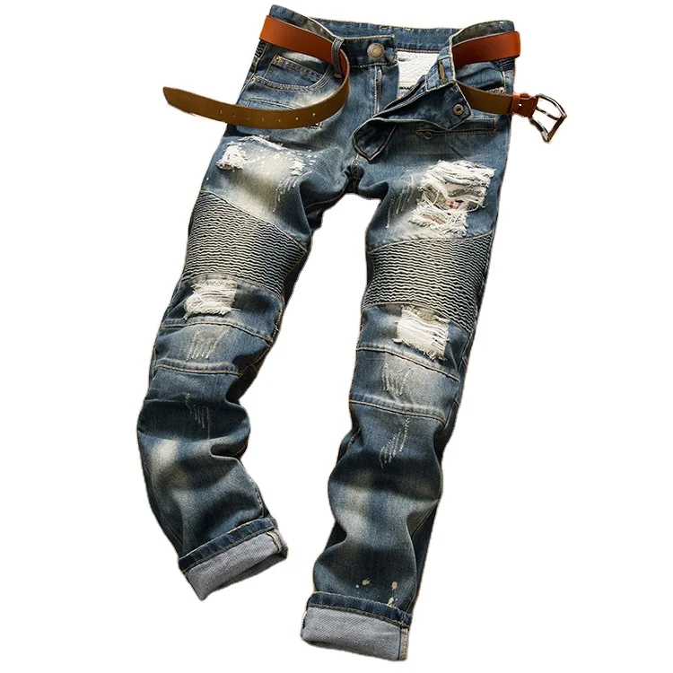 

Men Faded Skinny Fit Jeans Straight OEM Service Plus Size with Ripped Design and Splatter Effects Motorcycle Pants Zipper Fly, Picture