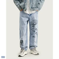 

Fashion Mens Jeans Blue With Graffiti Graphic Print Men Loose Fit Straight Jeans Streetwear Mens 2019 AW Jeans
